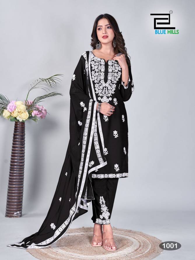 Black And White By Blue Hills Thread Work Rayon Kurti With Bottom Dupatta Wholesale Shop In Surat